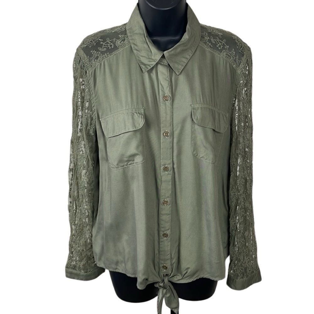 Olive Green Button Tie Front Lace Sleeve & Shoulders Blouse
